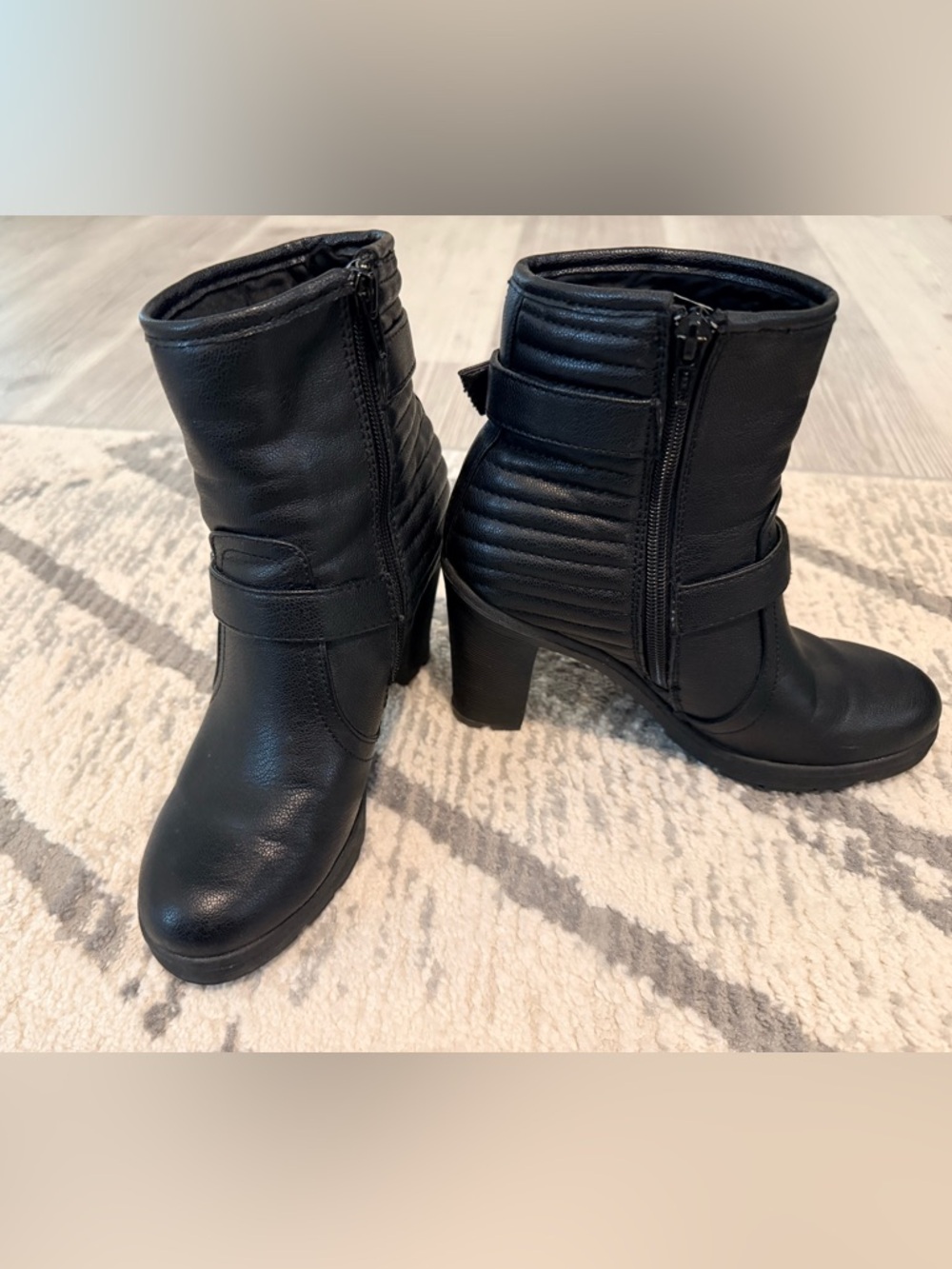 Guess Black Quilted Leather Ankle Boots with Block Heel